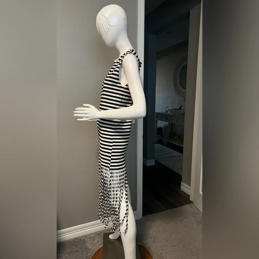 ZARA black/white striped fringed midi dress size S - Picture 5 of 9